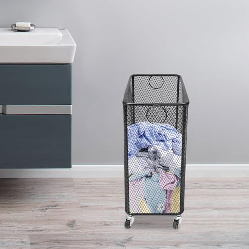 Metal Laundry Storage Cart - Slim, Mesh Wire Rolling Laundry Hamper with Wheels & Ring Handles, Clothes or Linen Storage Organizer Hamper Bin Laundry Basket, 9"L x 17"W x 18"H, Black - color: Black, size: Slim Rectangular - 9"W