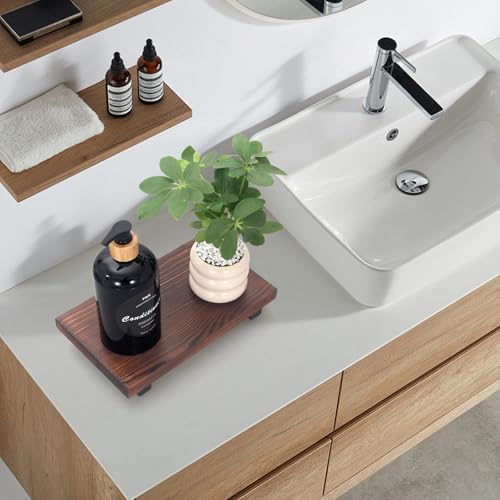 Small Kitchen Sink Soap Tray for Counter Bathroom Vanity Tray Wooden Risers for Kitchen Countertop Decor Dish Soap Dispenser Farmhouse Wood Pedestal Bathroom Organizer Accessories Decorative Trays - color: Brown, size: 8.6" x 4" x 1.6"