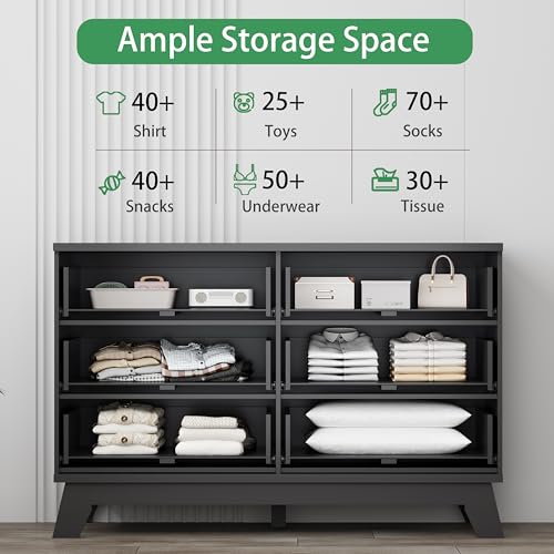 Xixini Fluted Dresser for Bedroom with 6 Drawers, 48" Wide Wooden Chest of Drawers with Metal Handle, Modern Dresser TV Stand, Wood Closet Clothes Storage Organizer for Living Room, Hallway, Black - color: Black, size: 15.6"D x 47.2"W x 30.5"H (6 Drawers)