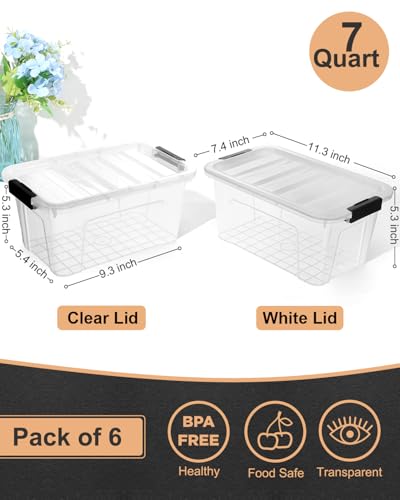 EOENVIVS Plastic Storage Bins with Lids 6 Pack, 7 Quart Storage Containers With Black Buckle Latch, Stackable Storage Organizers for Home Pantry Office Classroom Organization, Clear - color: Black