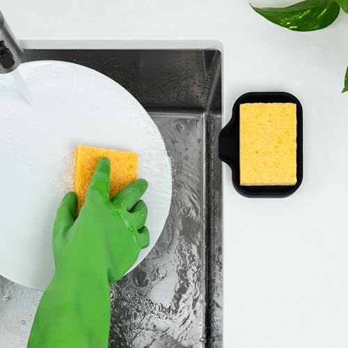 Zulay Kitchen Small Silicone Sponge Holder (4.9x3.3”) – Space-Saving Sink Organizer Tray for Sponge, Soap, Brush & More – Compact Non-Slip Dish for Kitchen & Bathroom (Black) - color: Black, size: Small (4.9x3.3)