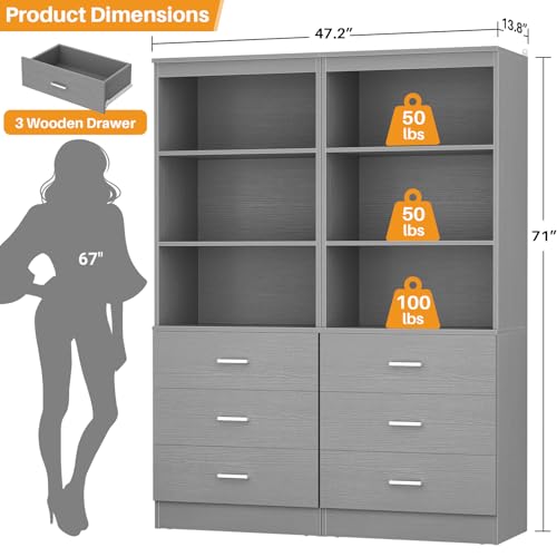 Aheaplus 47.2" Closet Drawers System, 3.94FT Wood Closet Organizer System with 3 Drawers, Modular Small Walk-in Closets Storage Unit, Set of 2, Grey (47.2" L x 13.8" W x 71" H) - color: Grey, size: 47.2''