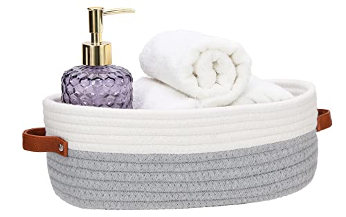 Bathroom Countertop Organizer Basket, Cotton Rope Woven Storage Basket Toilet Paper Decorative Basket for Bathroom, Bedroom, Living Room, Entryway 13"x6.3"x4.3" (Off White/Gray) - color: Off White & Gray
