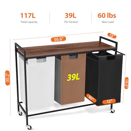 Laundry Sorter 3 Section, Rolling Laundry Hamper with Shelf, 3 Compartment Laundry Basket with Lid, Organizer Rustic Wooden Top (White+ Grey+ Black) - color: White+ Grey+ Black