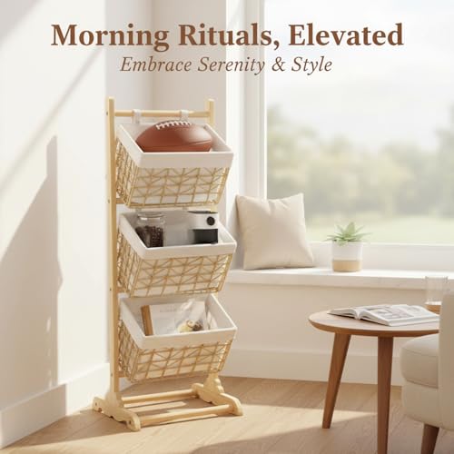 Three-Tier Floor-Standing Storage Rack, Hand-Woven Storage Basket, Vertical Storage Rack, Retail Display Rack Diaper Storage Suitable for Bathroom, Kitchen, Laundry Room, Living Room