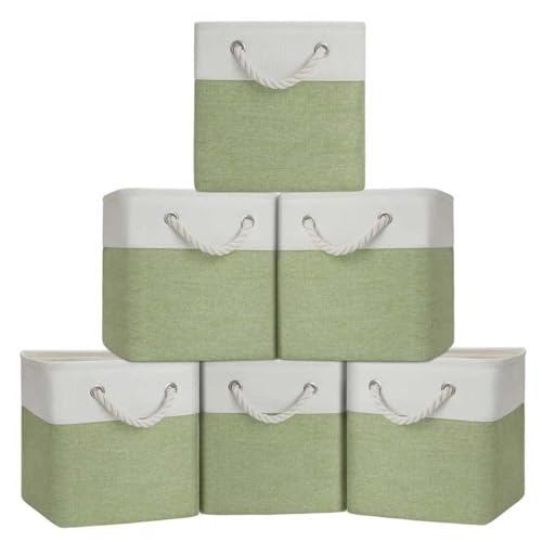 Cube Storage Bins, Collapsible Fabric Storage Cubes Bins, 11 Inch Cube Storage Bins with Handles, Foldable Storage Cubes (White/Green, 6Pack) - color: white green
