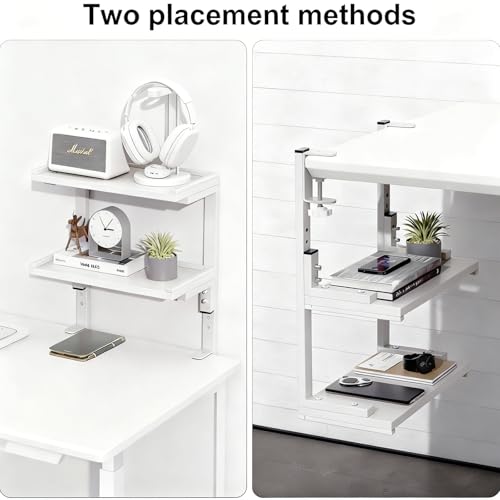 Spacrea clamp on Desk Shelf, 2 Tier Office Desk Shelves Organizer, Wood Desktop Supplies Storage Rack, Desk Organizers and Accessories (White) - color: White