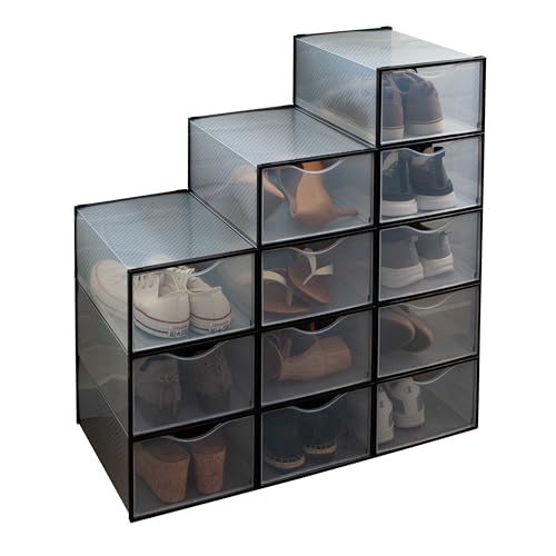 Simplify Set of 12 Stackable Shoe Boxes | Customizable | Fits Size 11 Shoes | Drop Front Design | Closet Storage | Sneakers | Heels | Clear and Black - color: Black
