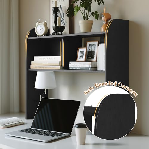 Wooden 3-Tier Desktop Bookshelf, 37" Rounded-Edge Desk Storage Organizer, Space-Saving Countertop Shelving Unit for Home, Office & Dorm, Black - color: Full Black