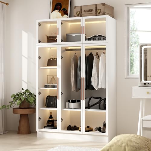 Hitow Wardrobe Cabinet with LED Lights, Armoire Closet with Glass Doors, Wooden Large Wardrobe with Hanging Rod & 5 Tiers Shelf, Modern Bedroom Armoire Clothes Organizer, White 47.2" W - color: 3 Door - White