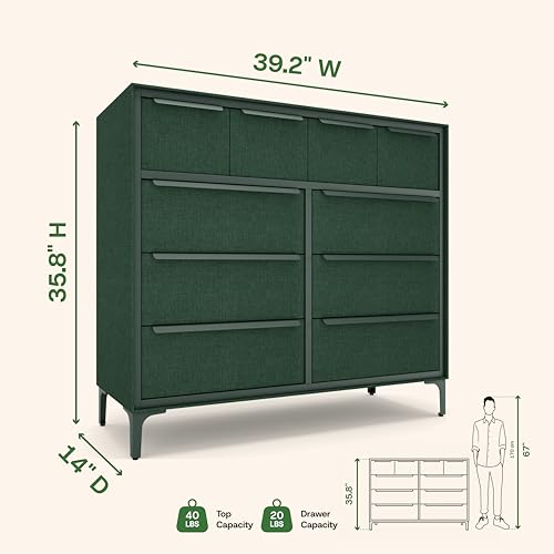 tinge Naima Premium Fabric Dresser - Strong Metal Frame, 10 Spacious Sag-Proof Drawers with Sleek Metal Handles - Premium & Durable Storage Solution for Your Home (Green) - color: Green, size: 14"D x 39.2"W x 35.8"H (10 Drawers)
