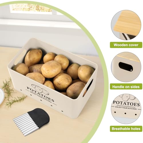 Kitchen Vegetable Storage Set of 3, Metal Onion Garlic Potato Storage Set, Kitchen Canisters Vegetable Keeper Containers with Aerating Holes and Wooden Lid (Beige) - color: Beige