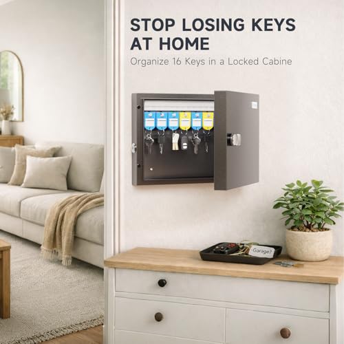 WeHere 16 Key Lock Box - Wall Mounted Key Cabinet with 3-Digit Combination Lock & Backup Key, Key Organizer Lockbox for Home, Office, Rental, Property Management, Includes Key Tags - size: 16 keys(basic)