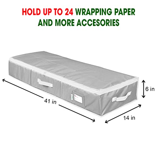 Primode Wrapping Paper Storage Container | Gift Wrap Organizer Under Bed 41”x14”x6” Box Holder for 18-24 Rolls Up to 40” | 600D Oxford Material | Pockets for Ribbon Bows (Grey) - color: Grey