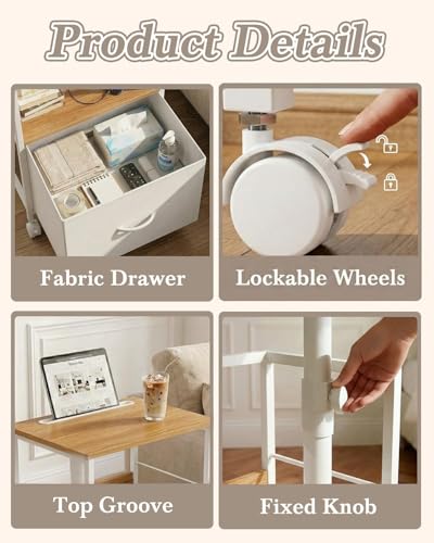 Faesun Swivel Lift Top Nightstand with Charging Station, Rolling Side Table for Recliner, Bedside Table with Wheels & a Fabric Drawer, for Small Spaces, for Bedroom, Living Room, Oak White - color: Oak White, size: 1 Drawer