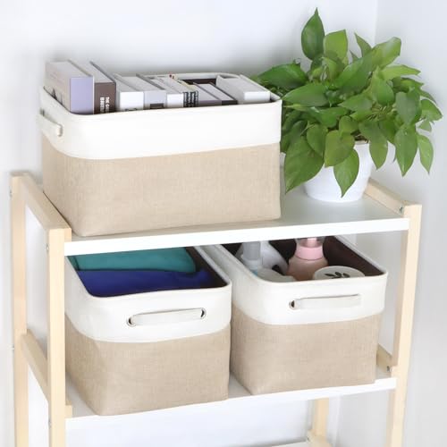 Kntiwiwo Foldable Storage Bin Collapsible Fabric Storage Basket Cube with Durable Handles Closet Organizer Bins for Organizing Shelves Drawers, Set of 3, 15" x 10" x 9.5", Beige - color: Beige, size: 15" x 10" x 9.5"
