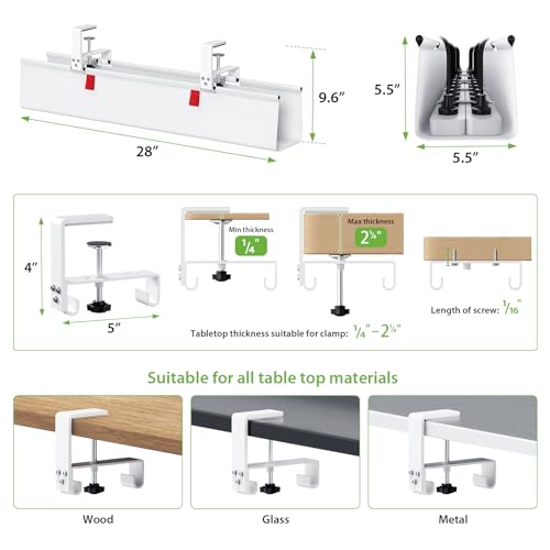 KEEGH No Drill Under Desk Cable Management Tray - 28" Cord Management Under Desk - Clamp/Screw Mount - Support Upto 70lbs - Fabric Wire Management - Gaming/PC Cable Raceways for Office/Home, White - color: White, size: Regular (28 Inch)