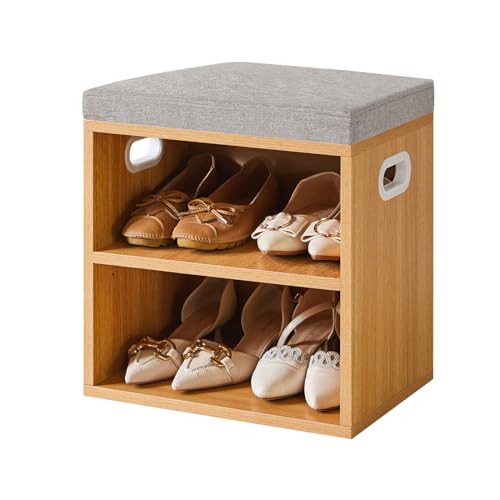 YMYNY Shoe Storage Bench with Cushion, 2 Tier Shoe Rack with Padded Seat, Adjustable Shoe Organizer Cabinet for Entryway, Living Room, Hallway, Closet, Bedroom, 15.4L*11W*16.54H, Natural, UHBD028N - color: Natural