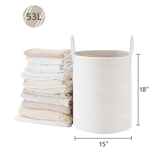 VIPOSCO Large Laundry Hamper, Tall Woven Rope Storage Basket for Blanket, Toys, Dirty Clothes in Living Room, Bathroom, Bedroom - 53L White - color: White, size: 53L