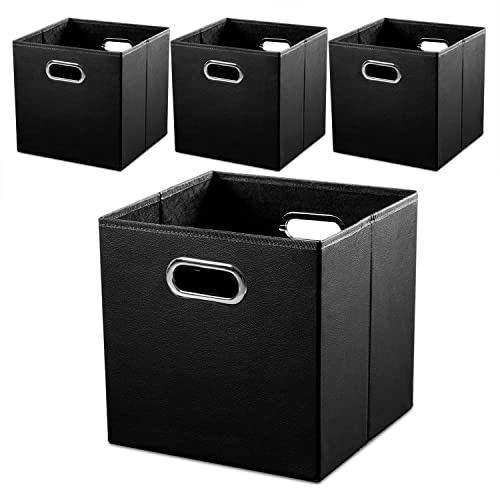PRANDOM Leather Foldable Cube Storage Bins 13x13 inch [4-Pack] Fabric Storage Baskets Cubes Drawer with Cotton Handles Organizer for Shelves Nursery Closet Bedroom Clothes Black - color: Black, size: 13x13 in(4-Pack)