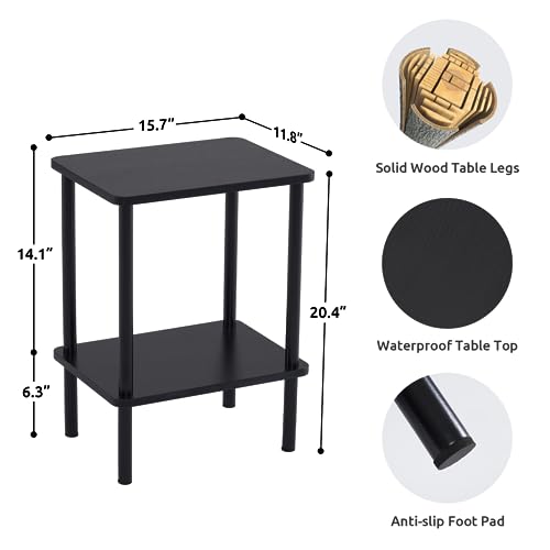 Apicizon 2 Tier End Table Set of 2, Small Side Table with Solid Wood Legs, Boho Bedside Table with Storage Shelf, Nightstand for Small Spaces, Bedroom, Living Room, Entryway, Easy Assembly, Black - color: Black, size: 2 Set, style: 2 Tier
