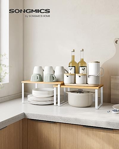 SONGMICS Cabinet Organizer Shelf, Set of 4 Kitchen Counter Shelves, Kitchen Storage, Spice Rack, Stackable, Expandable, Metal and Engineered Wood, Cloud White and Natural Beige UKCS010N01 - color: Cloud White + Natural Beige, size: 11.7"W