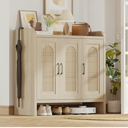 Mericonia Rattan Shoe Storage Cabinet, Farmhouse Shoe Cabinets Storage for Entryway, Boho Wooden Shoe Rack with 3 Doors for Entryway, Hallway (Oak, 3 Door) - color: Oak, size: 3 Door