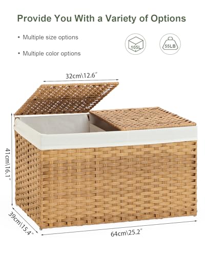 SETVSON Storage Basket with Lid Rattan Storage Basket with 2 Separate Lid, 27.8 Gallon (105 L) 25.2 * 15.4 * 16.1 Inches Woven Wicker Baskets with 2 Liners and Handles for Bedroom Laundry-Natural - color: Natural, size: 105L-25.2L*15.4W*16.1H