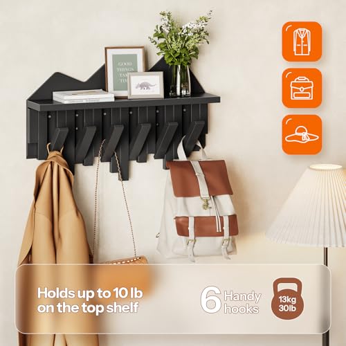 HOOBRO Wall Hooks with Shelf, Coat Rack with Shelf Wall-Mounted, Entryway Wall Key Holder, Hat Rack for Walls, Purse Hanger for Wall, Entryway Hanging Shelf with 6 Retractable Pegs, Black BK46YM01 - color: Black
