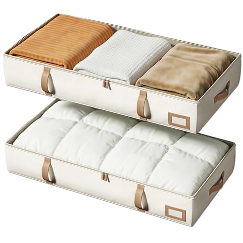 Vailando Under Bed Storage Containers, 6 Inches Tall 60L Underbed Storage Bins with Leather Handles and Sidewalls, Closet Organizer for Clothes, Blankets, Seasonal Items, Beige with Brown, 2-Pack - color: Leather Handles, size: 6 Inches Tall
