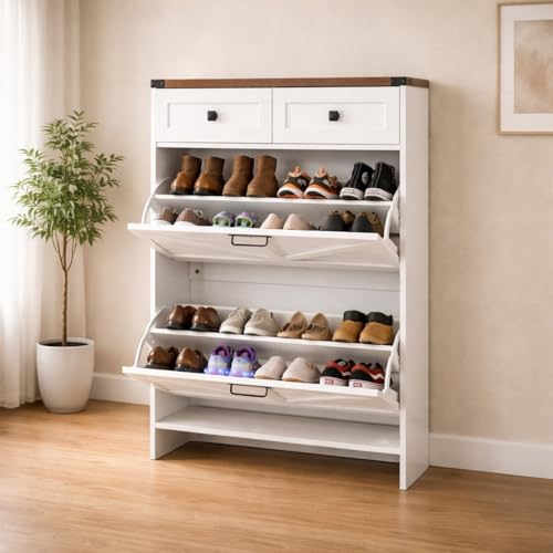 Naomi Home Berenice 32.68" Farmhouse Shoe Cabinet for Entryway with 2 Flip Drawers and 2 Storage Drawers - Slim Narrow Shoe Storage Cabinet, White Shoe Organizer Cabinet - color: White
