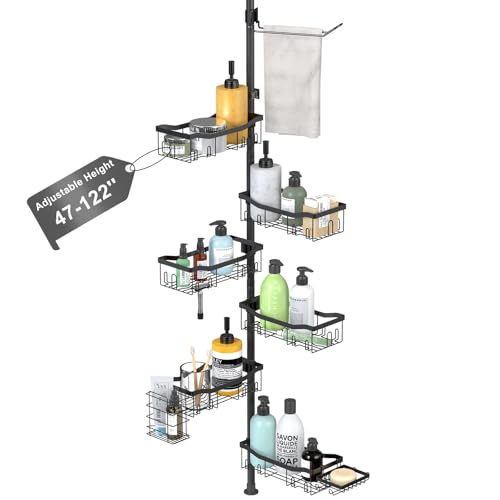 Shower Caddy Corner, 6 Tier Tension Pole Rod Bathroom Organizer Shelves, Adjustable Bathtub Shampoo Stand Rack with Towel Rack 2 Holders for Inside Shower Storage, Floor to Ceiling 47-122 Inch, Black