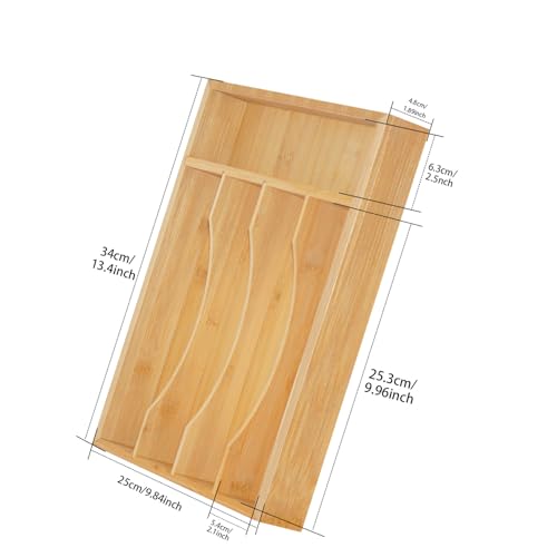Krismax Bamboo Silverware Drawer Organizer，5 slots Wood Storage Containers, Junk Drawer Divider Organzers, Untensils Cutlery Tray, Kitchen Flatware