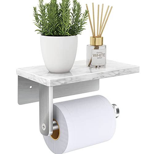 Gypie Brushed Nickel Toilet Paper Holder with Natural Marble Shelf, Screw Wall Mounted, Tissue Roll Holder for Bathroom Washroom - color: Brushed Nickel, size: 1 Roll