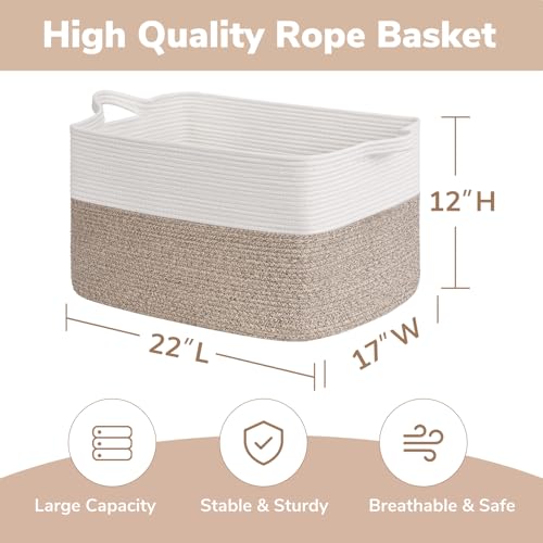 Goodpick Large Blanket Basket 22" x 17" x 12" Woven Storage Baskets for Organizing, Rectangle Cotton Rope Basket for Living Room Bedroom, Toy Baskets Storage Kids, White & Brown - color: Light Brown, size: 22"L x 17"W x 12"H