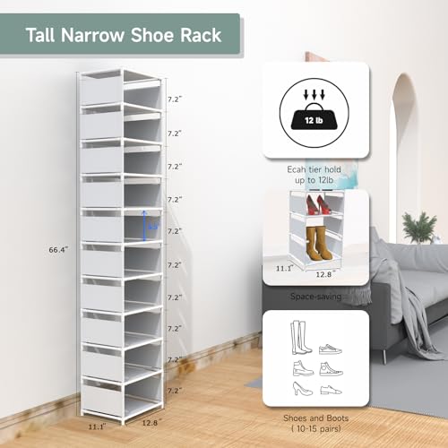 10 Tier Vertical Shoe Rack - White Narrow Shoe Rack for Closet & Entryway, Space Saving Tall Shoe Organizer for Small Spaces, Sturdy Skinny Shoe Tower Stand for Boots & Heels - color: White