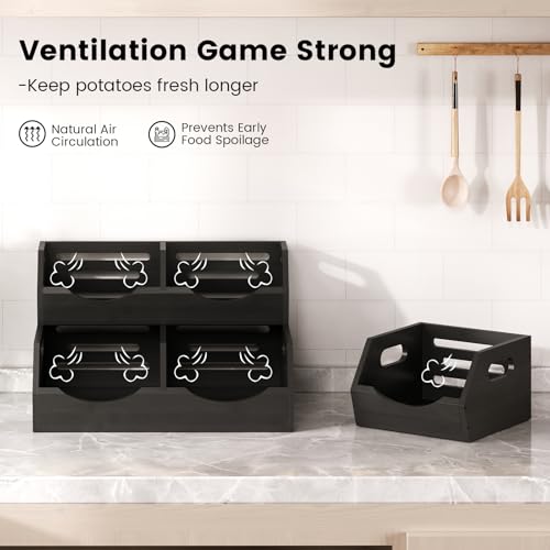 Potato Storage Bins Onion, 3 Tier Bamboo Pantry Storage Bin Stackable Ventilated Organizer for Kitchen, Pantry, Countertop, Bathroom, Black - color: Black