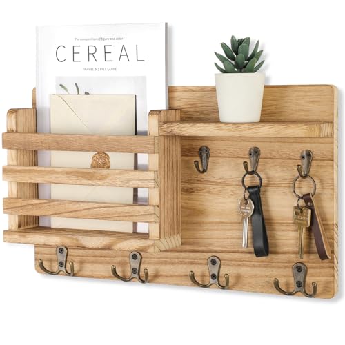 Nekon Mail Holder for Wall Mail Organizer with Key Hooks Hallway Farmhouse Decor Storage Racks with Floating Shelf and Flush Mount Hardware (16.8Inch x 10Inch x 3.2Inch) (Wood) - color: Wood