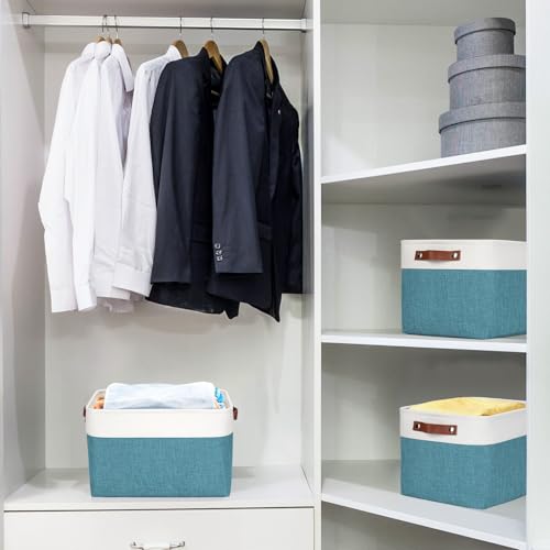 Bagnizer Storage Bins Large Fabric Storage Baskets for Shelves 3 Pack, Decorative Linen Closet Baskets with Handles for Organizing, Shelf, Clothes, Home, Office, 15x11x9.5Inches (Teal&White) - color: Teal / Off-White, size: Large -15"x11"x9.5"