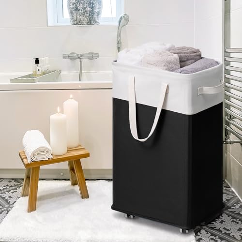 Goodpick Rolling Laundry Hamper with Wheels 75L, Black Laundry Hamper for Dirty Clothes, Collapsible Laundry Basket with Removable Wash, Black Laundry Basket with Wheels - color: Black & White