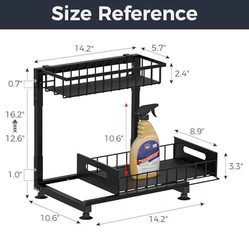 L-Shaped Under Sink Organizer, 2 Pack 2-Tier Pull Out Metal Kitchen Cabinet Organizer with Sliding Storage Drawer, Height Adjustable Heavy Duty Under Bathroom Sink Storage for Cleaning Supplies - color: Black V2.0, size: 2 Pack