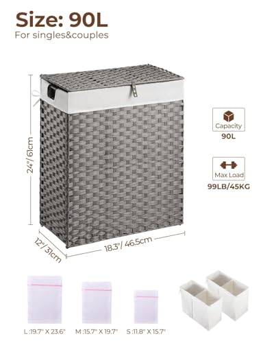 Greenstell Laundry Hamper with 2 Removable Liner Bags - 90L Divided Clothes Hamper, Handwoven Synthetic Rattan Foldable Laundry Basket with Lid and Handles Gray (18.3x13.3x24.0Inches) - color: Gray, size: 90L (18.3x13.3x24.0 Inches)