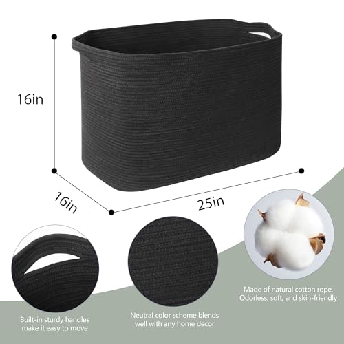 MEGASKET 108L Extra Large Storage Basket, 25" x 16" x 16" Black Blanket Basket Living Room, Oversized Cotton Rope Blanket Storage, Woven Kids Dog Toy Bin Box Organizer, Laundry Shoes Towel Bin, Black - color: Black, size: 25"x16"x16"