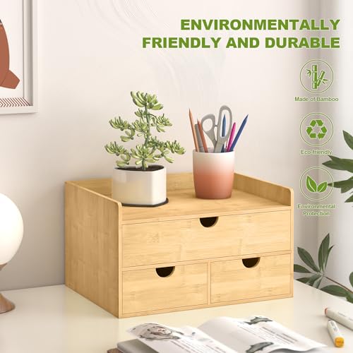 Bamboo Desk Drawer Organizer, Large Desktop Organizer with Drawers Tabletop Storage Organization Box for Office Home Toiletries Supplies Vanity, No Assembly Required (3 Drawer with Shelf) - color: 3 Drawers with shelf-U1D2, size: Small