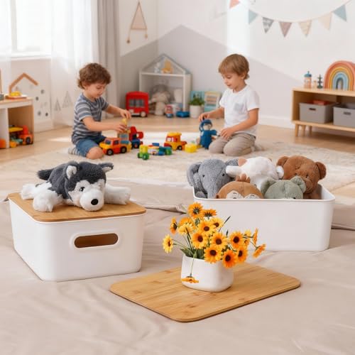 Citylife 4 PCS Storage Bins with Bamboo Lids Plastic Storage Containers for Organizing Stackable Storage Box with Handle, 15.16 x 10.79 x 5.83 inch (White, 4 PCS-Large) - size: Large, style: 4 Pack