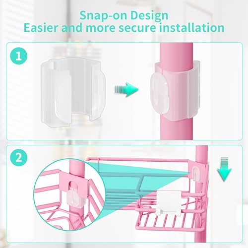 HapiRm Corner Shower Caddy Organizer - Shower Organizer Corner with Soap Holder, Toothbrush Holder and 4 Hooks, Rustproof Bathroom Shelf Tension Pole Available for 27.6 to 108.3 Inch - Pink - color: Pink