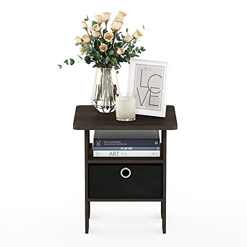 Furinno ANDREY Side Table, End Table, Night Stand with Open Shelves and Storage Bin, Bedside Table, for Living Room, Bedroom, Dark Brown - color: Dark Brown/Black, size: 1-Pack, Center Bin