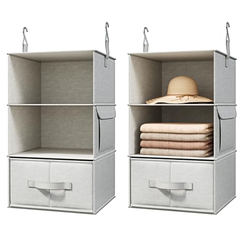 Vailando 3-Shelf Hanging Closet Organizer, Set of 2 Hanging Shelves with 2 Drawers for Wardrobe, Nursery, Baby Clothes Storage and Organization, Silver Gray - color: Silver Gray, size: 3-Shelf Set of 2