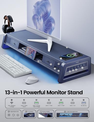Vaydeer All-in-One Dual Monitor Stand Riser with 2 Drawers, 8USB Ports and Wireless Charging Pad with LED Light Strip for 2 Monitors , Desk Organizer for PC, iMac (Metal, 39.3 inches) - color: Dark Blue