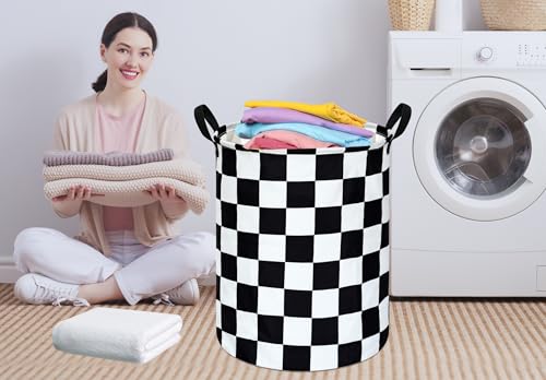 19.7 Inch Round Laundry Hamper Black Check Laundry Basket Fabric Storage Hamper Organization Basket, Storage Bin, Toy Box,Gift Basket with Handles for Room - color: Black Check